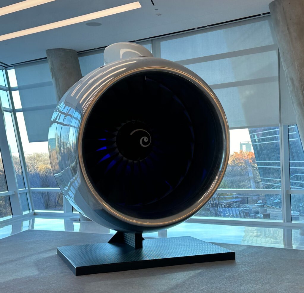 a large jet engine in a room