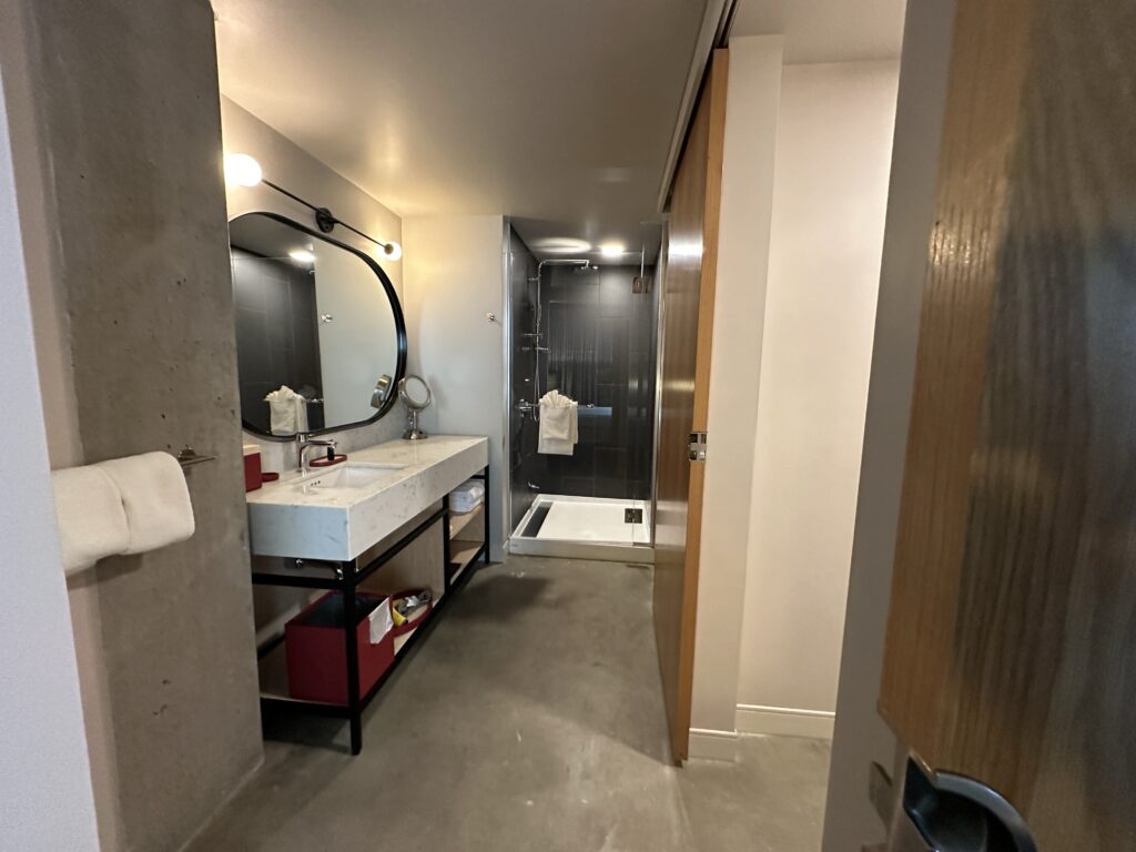 a bathroom with a sink and a shower