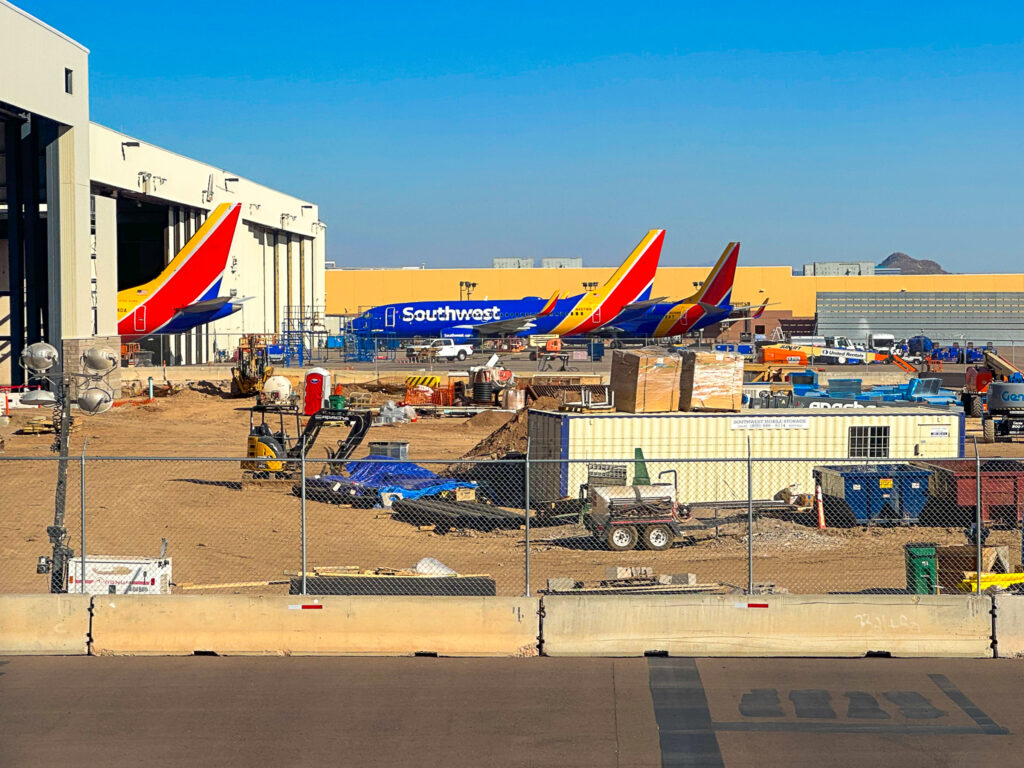 airplanes parked in a hangar