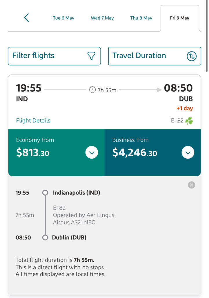 a screenshot of a flight schedule